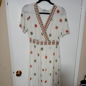 Red and White V-Neck Flutter Sleeve Maxi Sundress‎